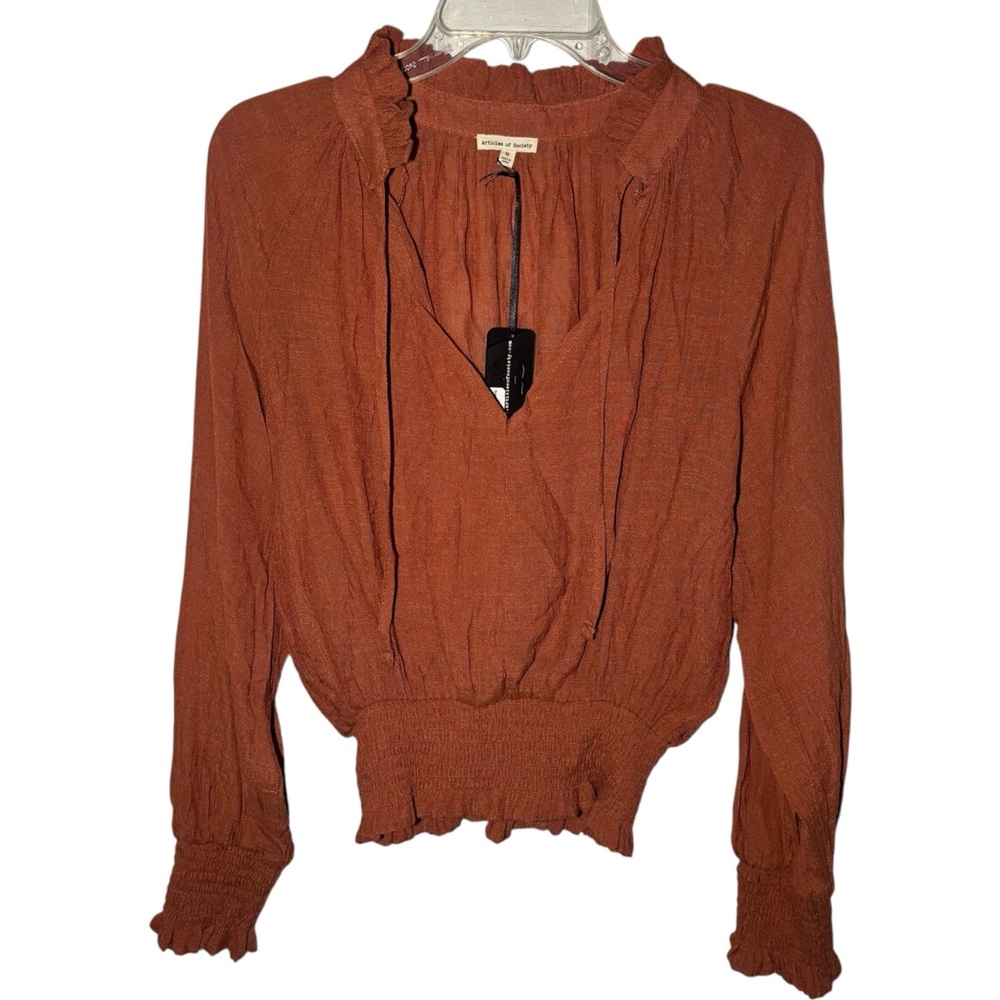 Articles of‎ Society Rust Smocked Waist Ruffle Neck Long Sleeve Blouse Medium